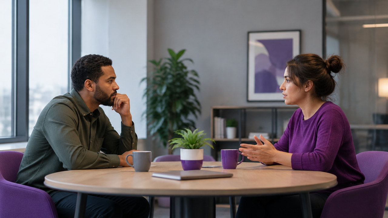 Two coworkers pause for a thoughtful conversation after tension in a workplace meeting room