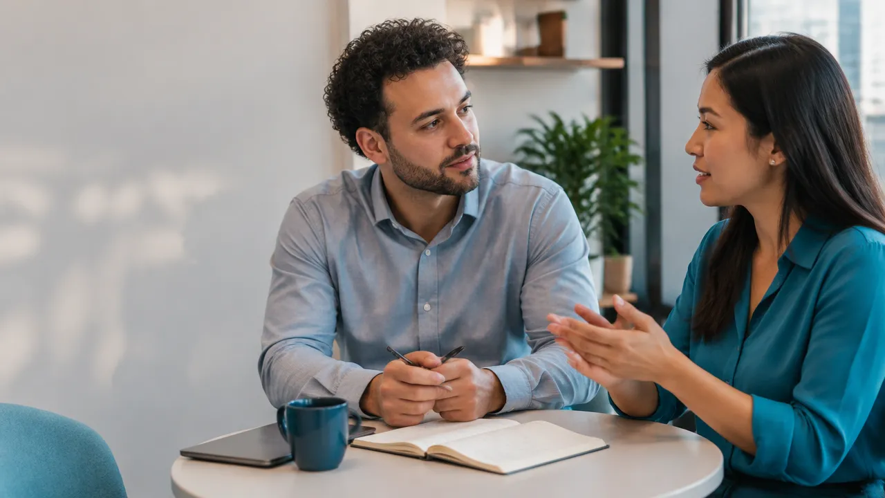 Two coworkers practicing attentive listening during a thoughtful intercultural conversation