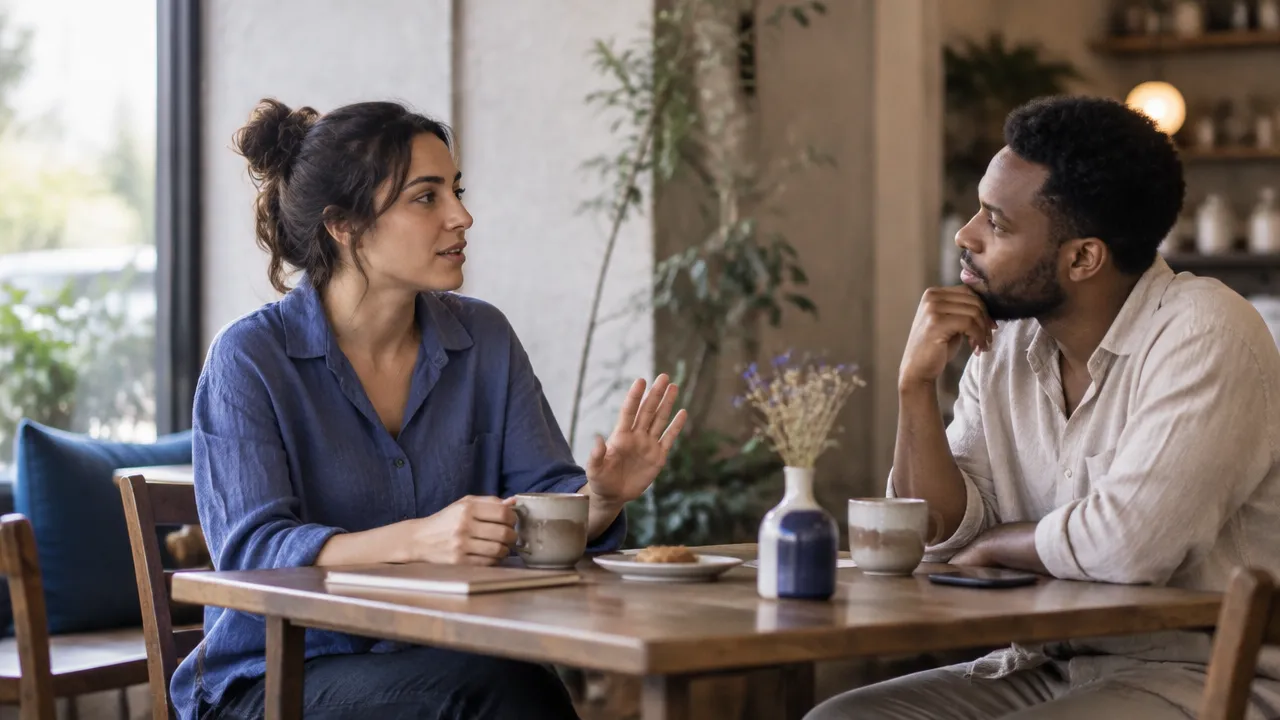Two friends calmly discussing a small personal boundary in a cafe