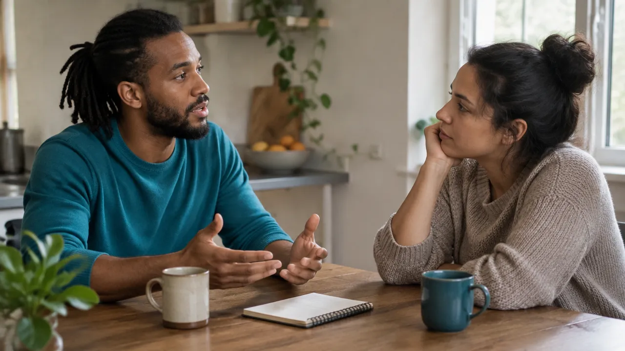 Two friends discussing a missed commitment with calm attention and mutual respect