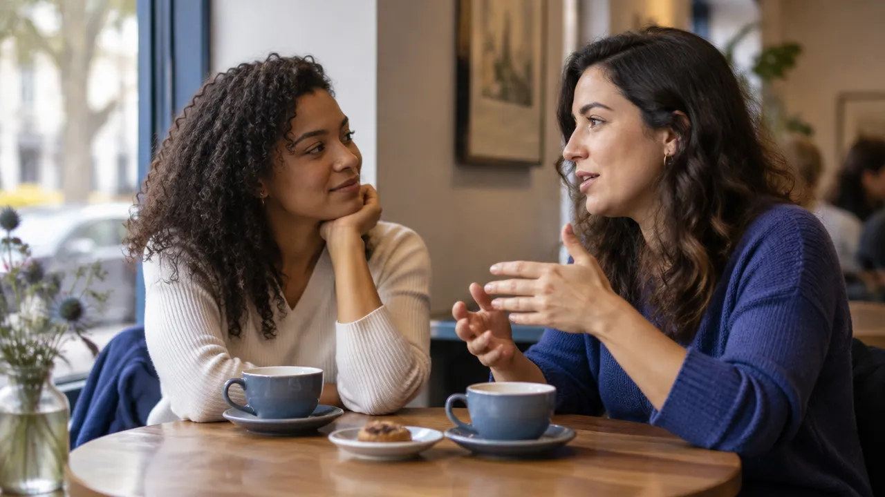 Two friends listen attentively to each other, illustrating how supportive relationships contribute to well-being.