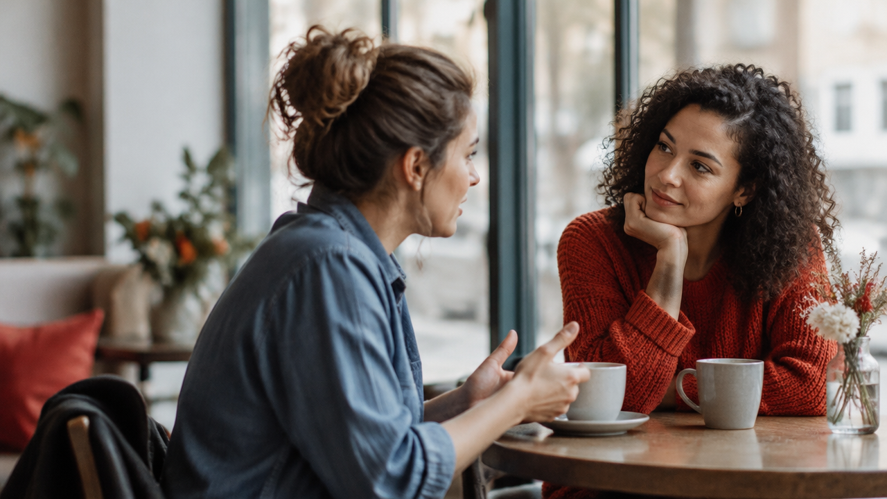 Two friends listening to each other in a calm cafe, representing trust and genuine support