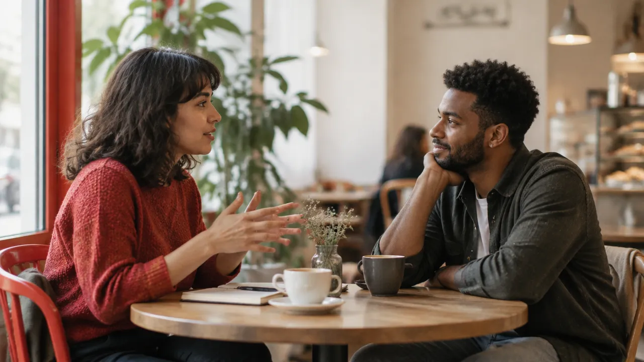 Two friends share an attentive conversation, illustrating relationships as one dimension of well-being