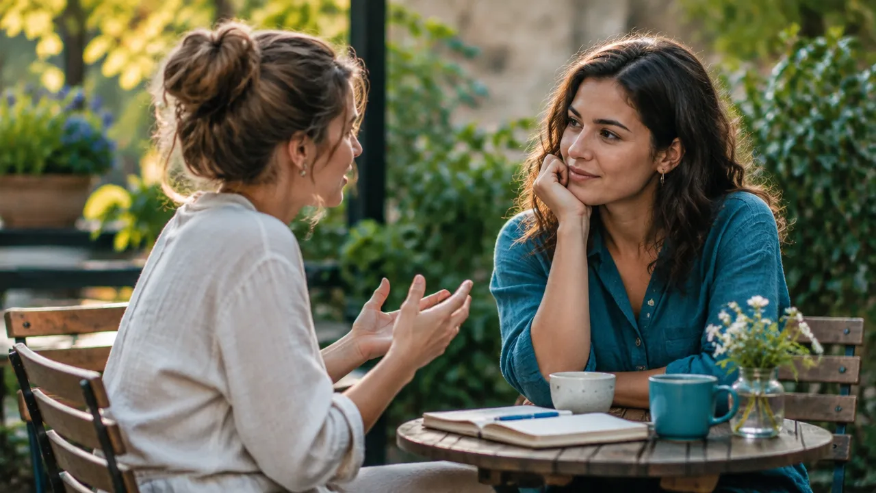 Two friends sharing a thoughtful conversation outdoors, representing intentional relationships and everyday well-being