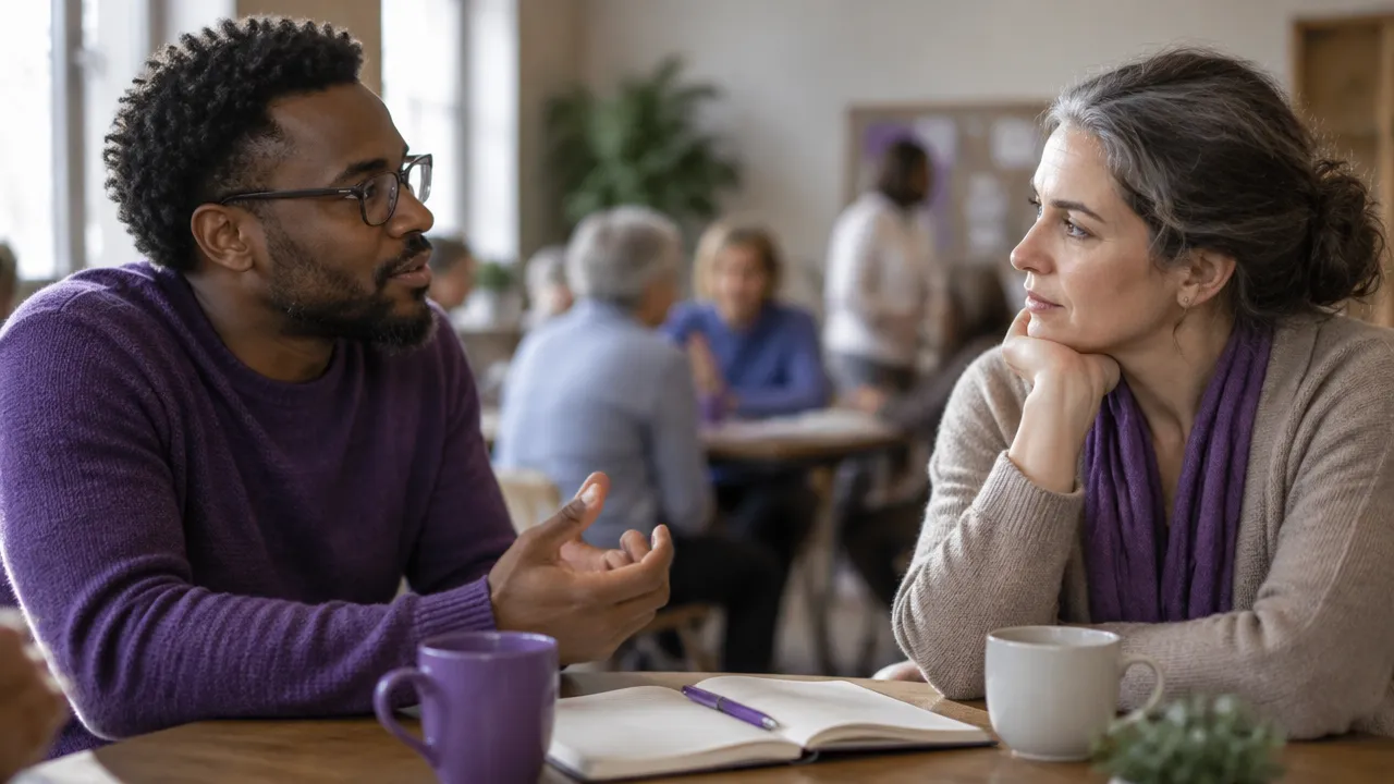 Two neighbors listen to one another during a careful political conversation, showing how curiosity can interrupt social threat.