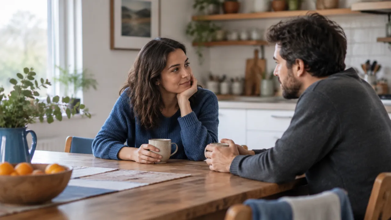 Two partners having a calm, attentive conversation that shows how emotional safety can be practiced in adult relationships.
