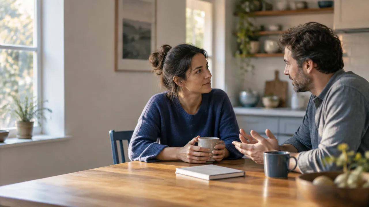 Two partners having a calm, reflective conversation at a kitchen table