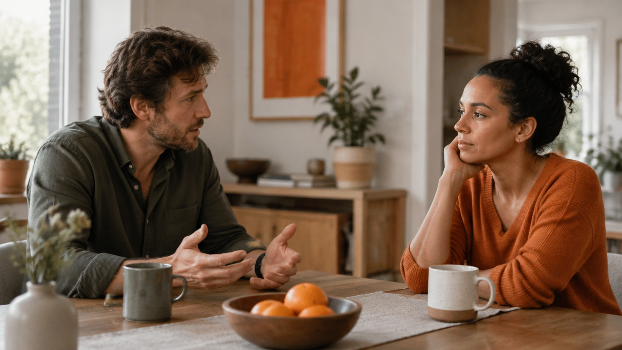 Two partners in a quiet conversation, reflecting on subtle power dynamics in their relationship