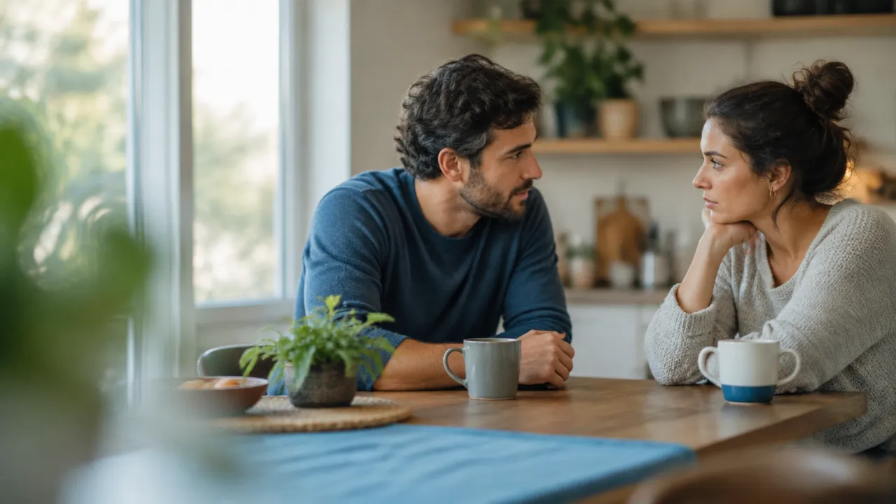 Two partners meeting each other’s gaze during a calm, emotionally attentive conversation at home.