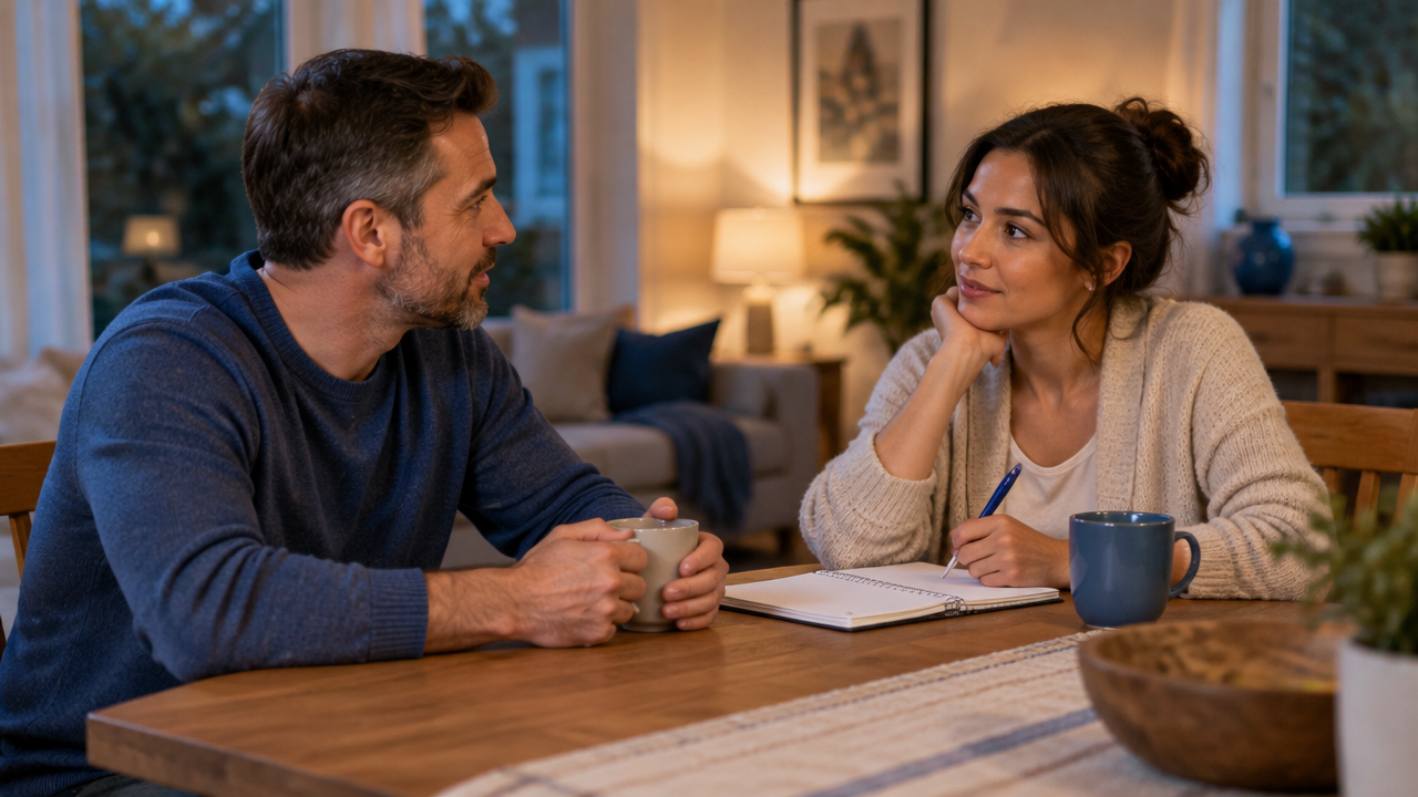 Two partners privately coordinate parenting expectations at home after a family discussion.