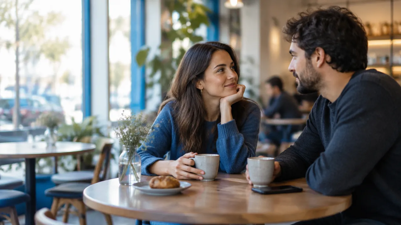 Two partners share an attentive conversation at a cafe with a phone set aside