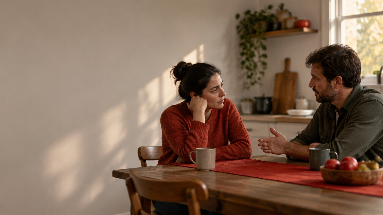 Two partners sit across a kitchen table after a difficult conversation, one making a small gesture of appreciation.