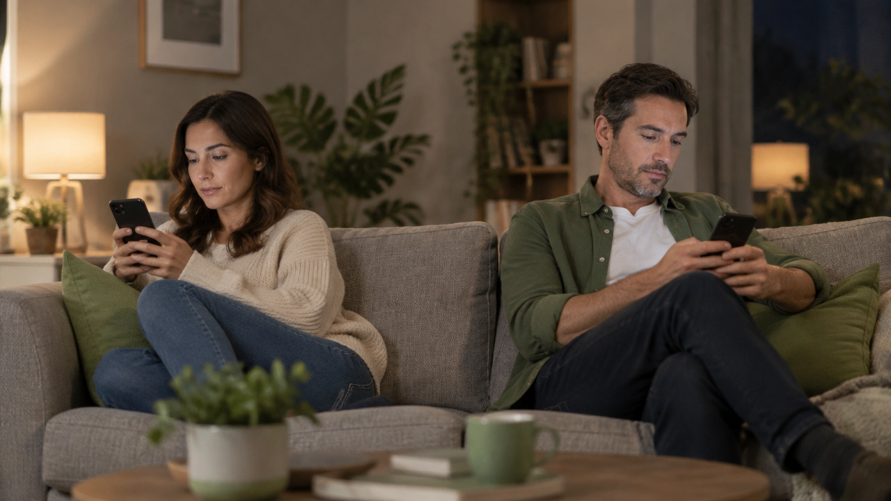 Two partners sit apart on a sofa while looking at their phones, illustrating emotional distance in digital communication.