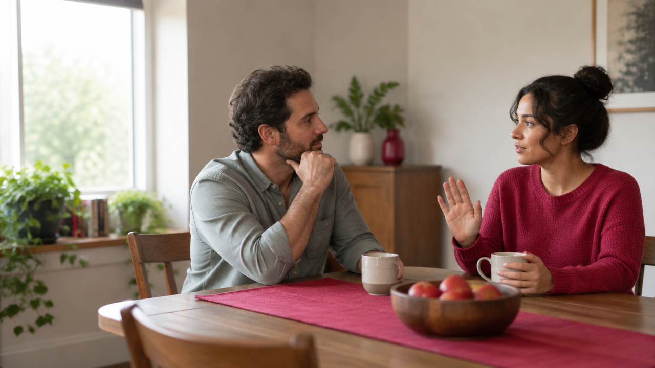 Two people calmly discussing a small personal boundary while maintaining a warm, respectful connection