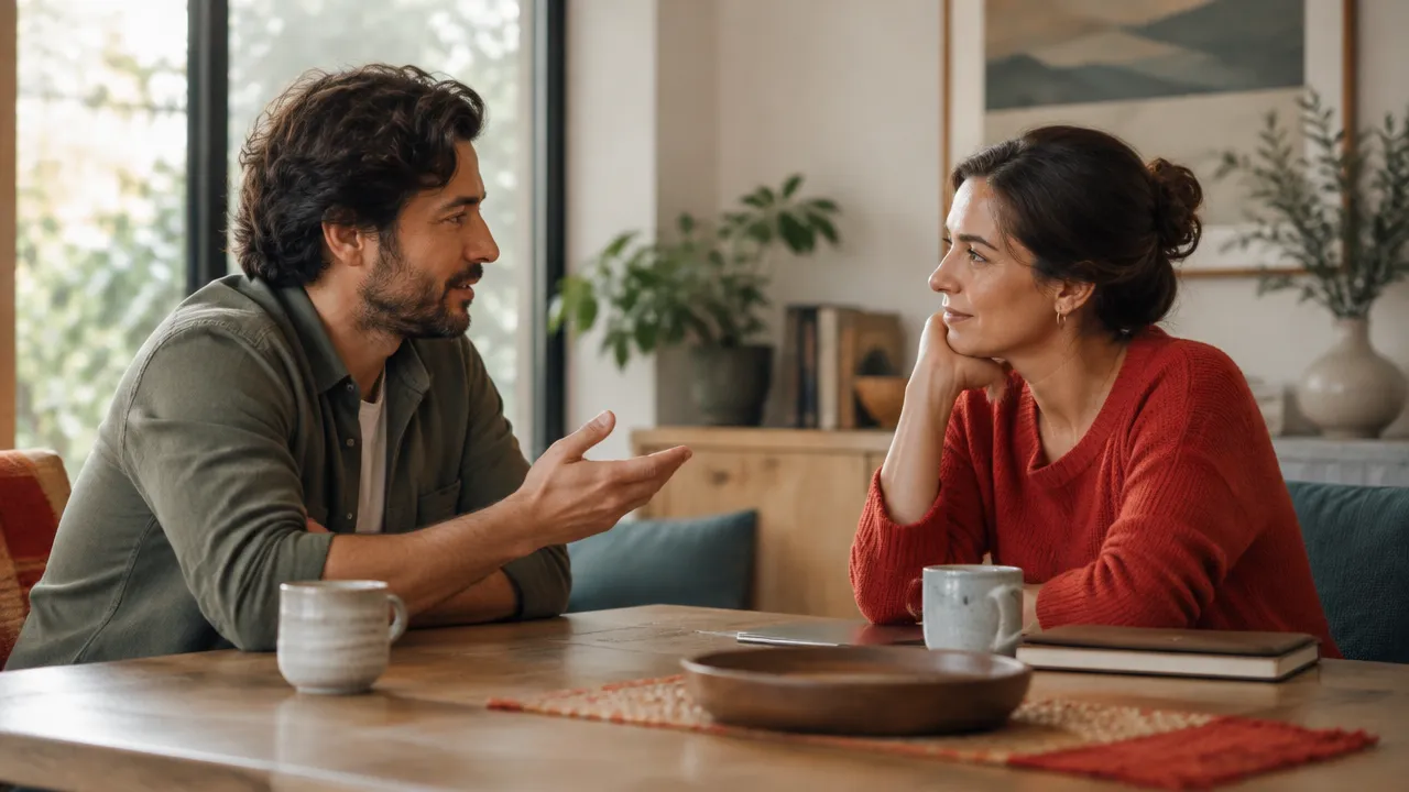 Two people calmly listening and reconnecting during a difficult conversation