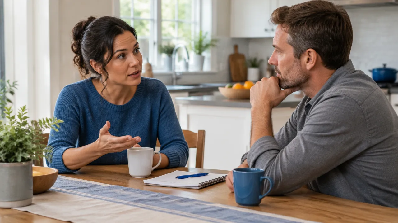 Two people discussing a household disagreement with calm expressions and a notepad between them.