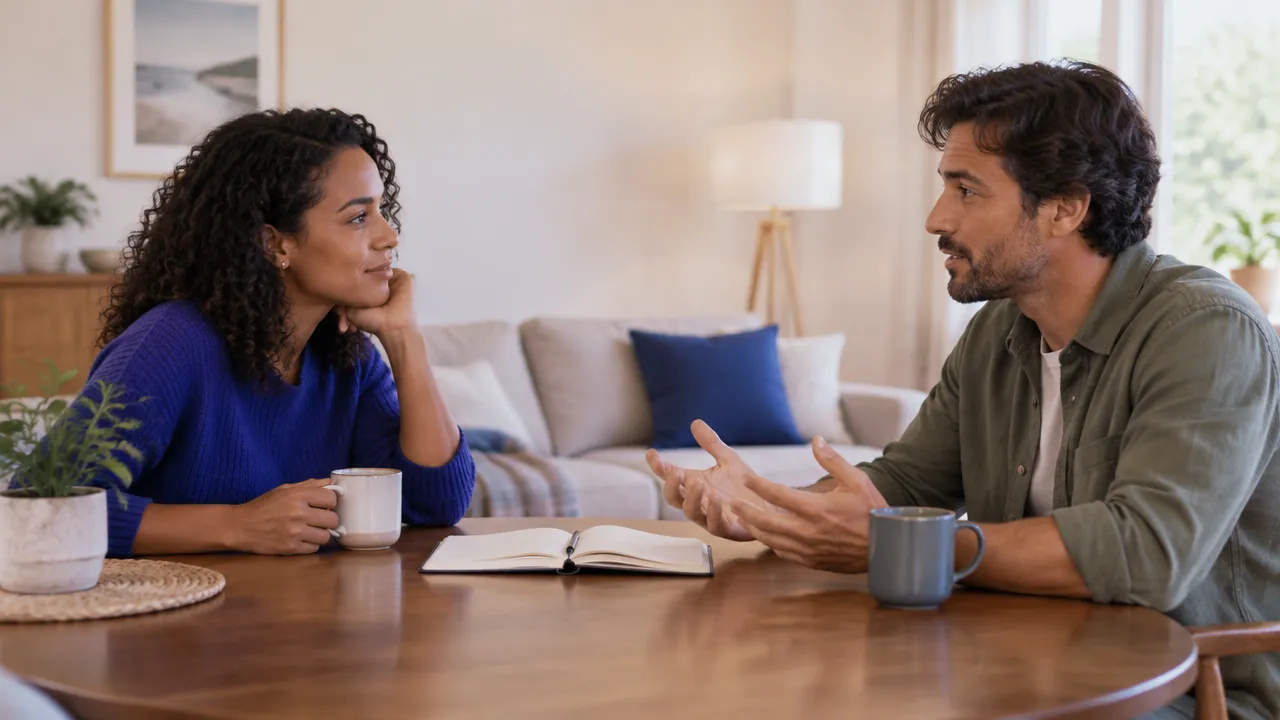 Two people having a calm, attentive conversation as they begin to address an unspoken emotional burden.
