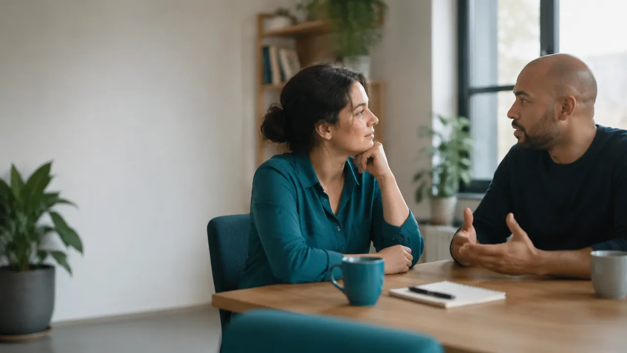 Two people having a calm, attentive conversation that reflects emotional awareness and empathy