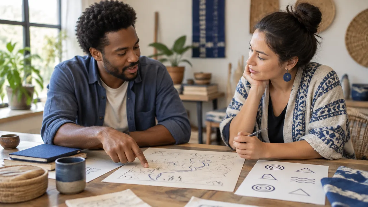 Two people interpret a simple map together during a thoughtful conversation