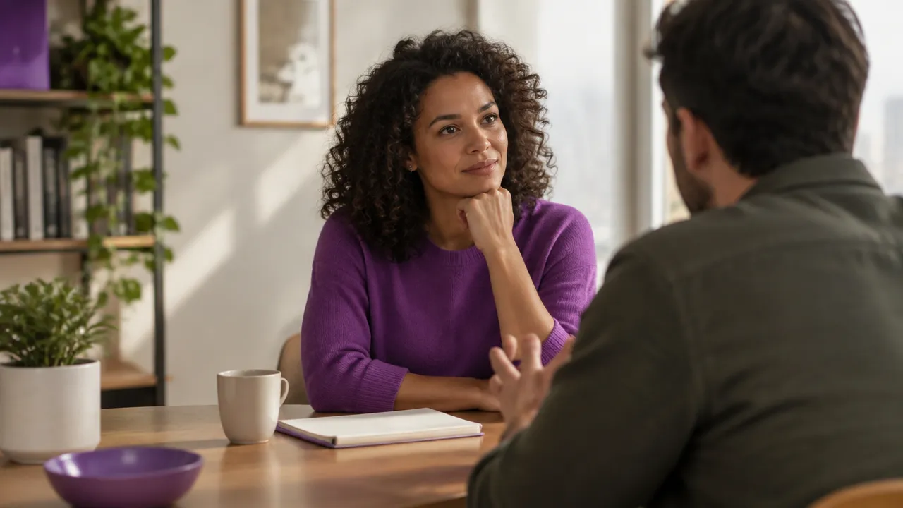 Two people listening attentively during a calm conversation, illustrating an intention to communicate without demanding a specific response.