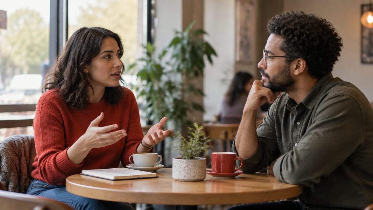 Two people listening with curiosity during a thoughtful conversation