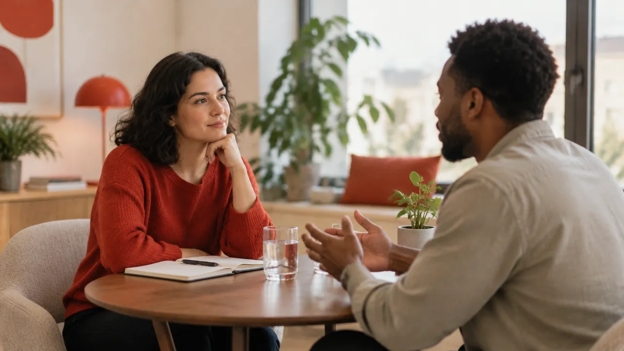 Two people listening attentively during a calm, respectful conversation