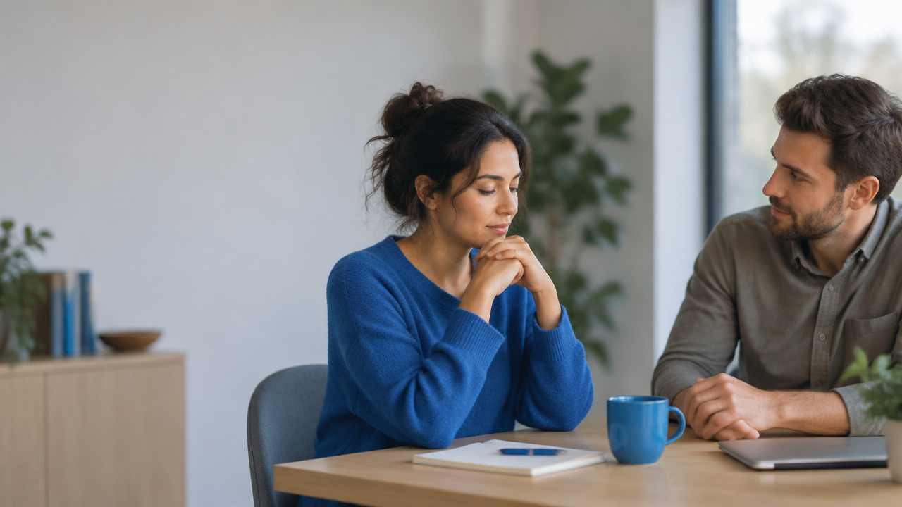 Two people speaking calmly as one pauses mindfully before responding