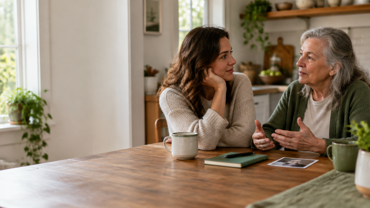 Two relatives listening carefully as they reflect on family patterns at a kitchen table