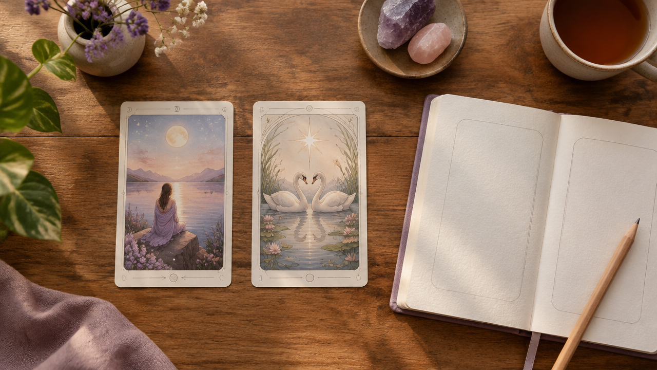 Two tarot cards arranged horizontally beside an open journal to illustrate a simple love spread