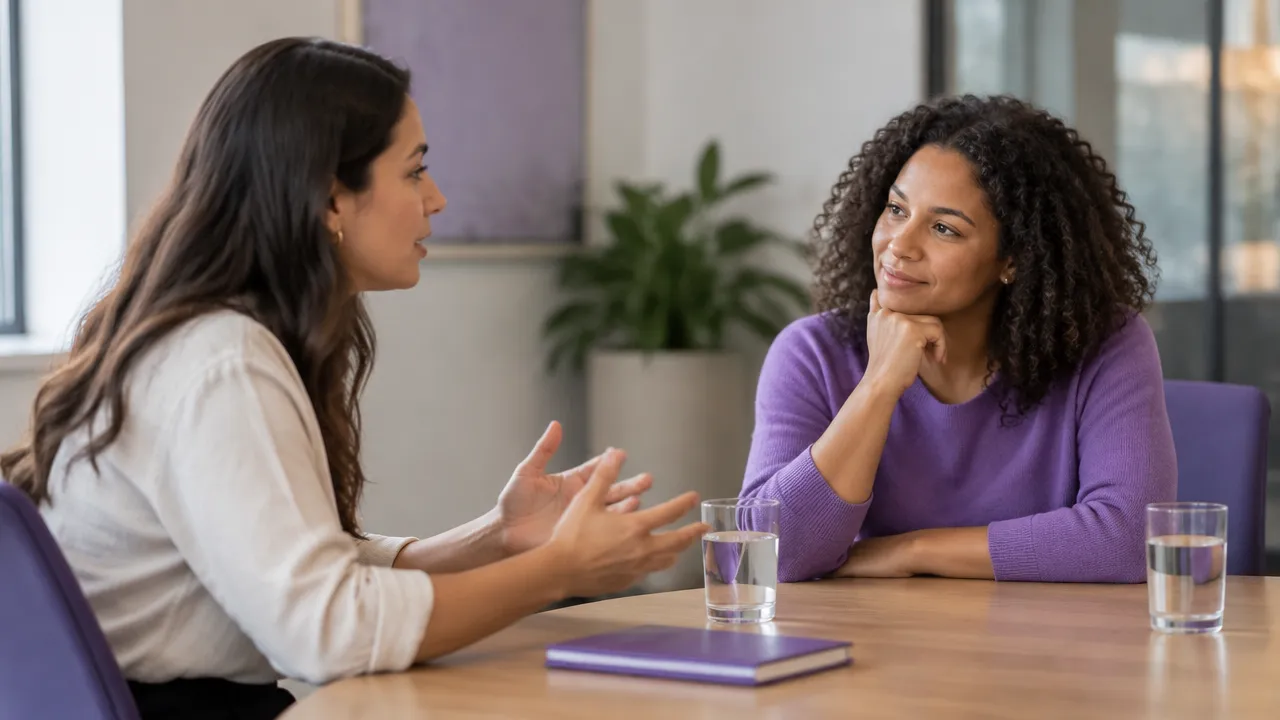 Uma colega escuta com atenção enquanto outra descreve uma dificuldade numa conversa de trabalho