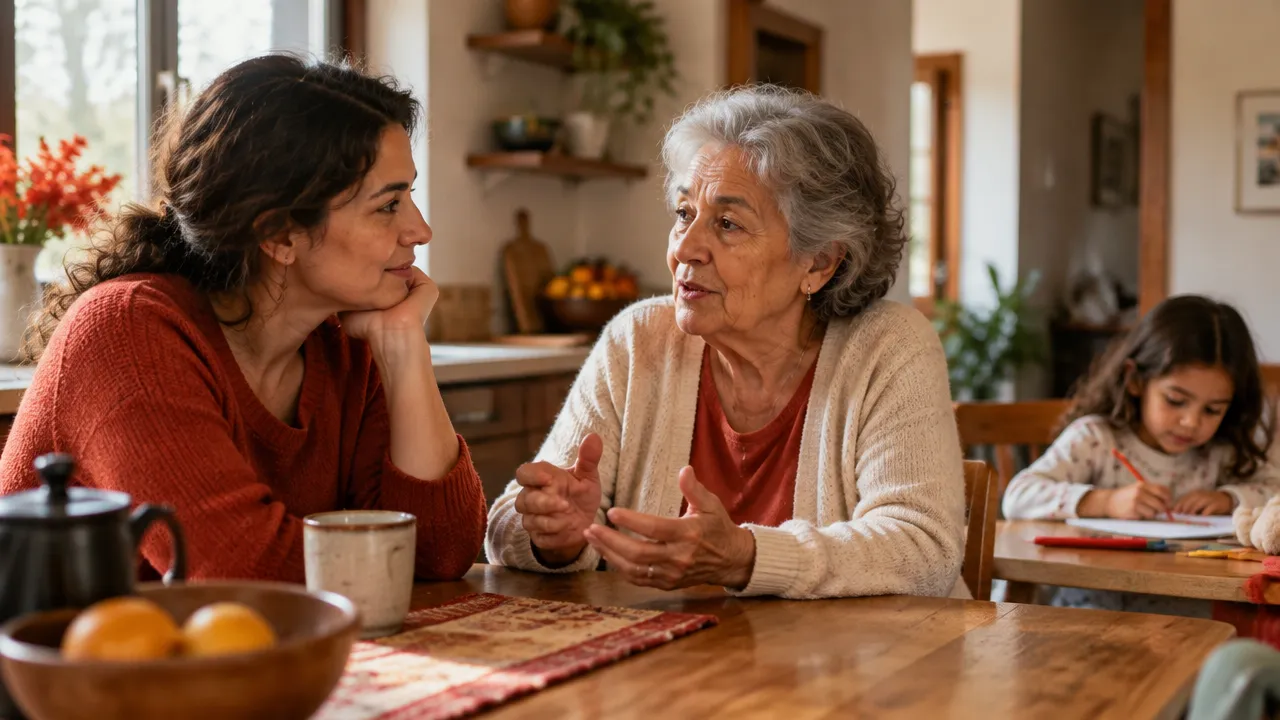 Uma criança observa uma conversa cuidadosa entre adultos da família, ilustrando como padrões emocionais podem ser aprendidos entre gerações.