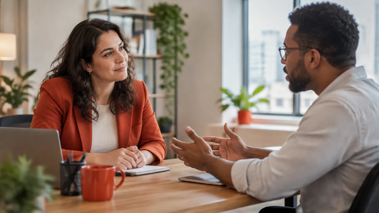Uma gestora escuta com atenção um colega durante uma conversa construtiva no trabalho.