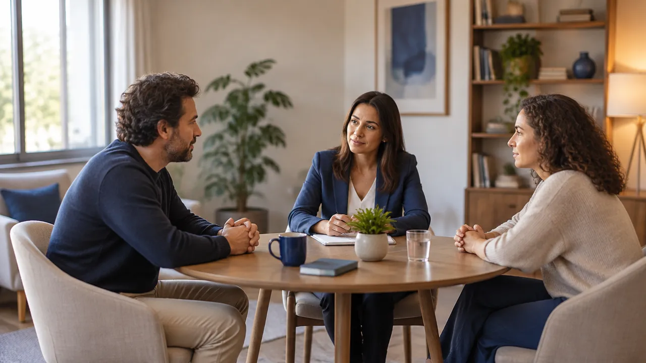 Uma mediadora facilita o diálogo entre dois familiares sentados à mesa em uma sala tranquila