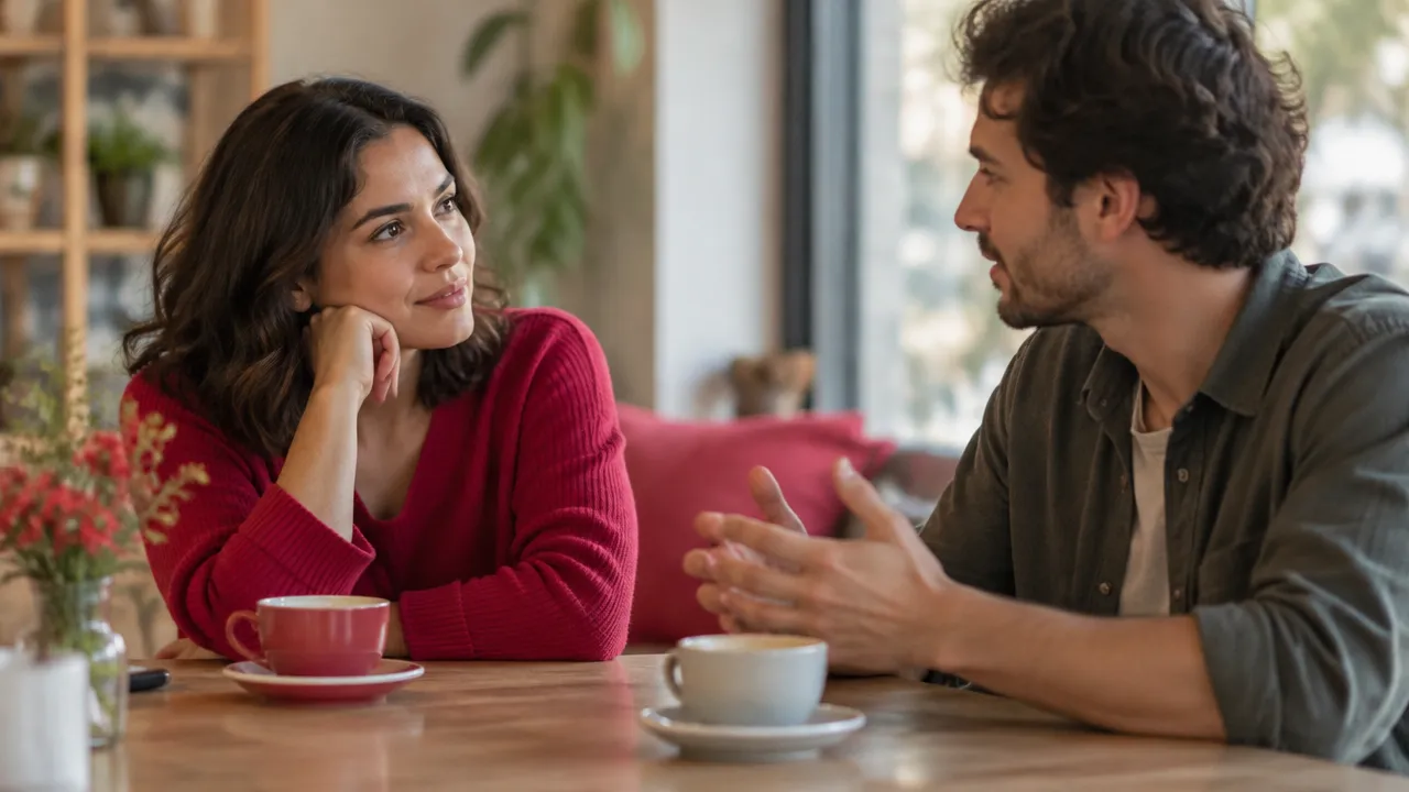 Uma pessoa adulta escuta atentamente outra durante uma conversa calma sobre sentimentos e necessidades.