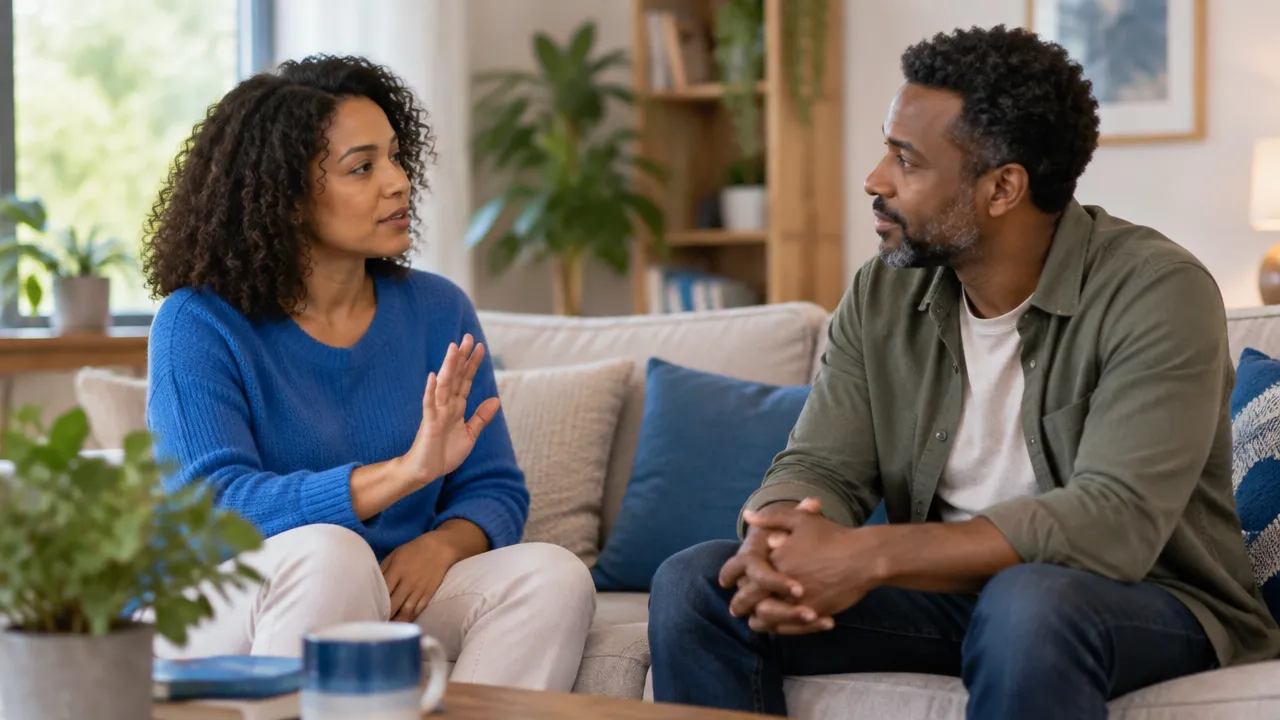 Uma pessoa comunica com tranquilidade um limite a um familiar que escuta com atenção durante uma conversa em casa.