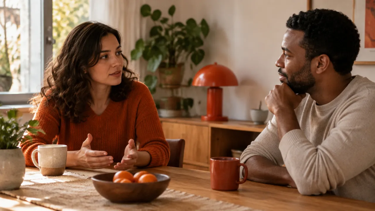Uma pessoa escuta a outra com atenção durante uma conversa calma, mostrando presença e segurança emocional.