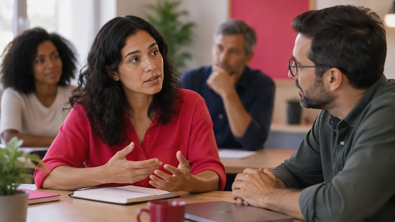 Uma pessoa escuta com atenção a colega durante uma conversa de equipe, demonstrando acolhimento por meio da postura e da expressão.