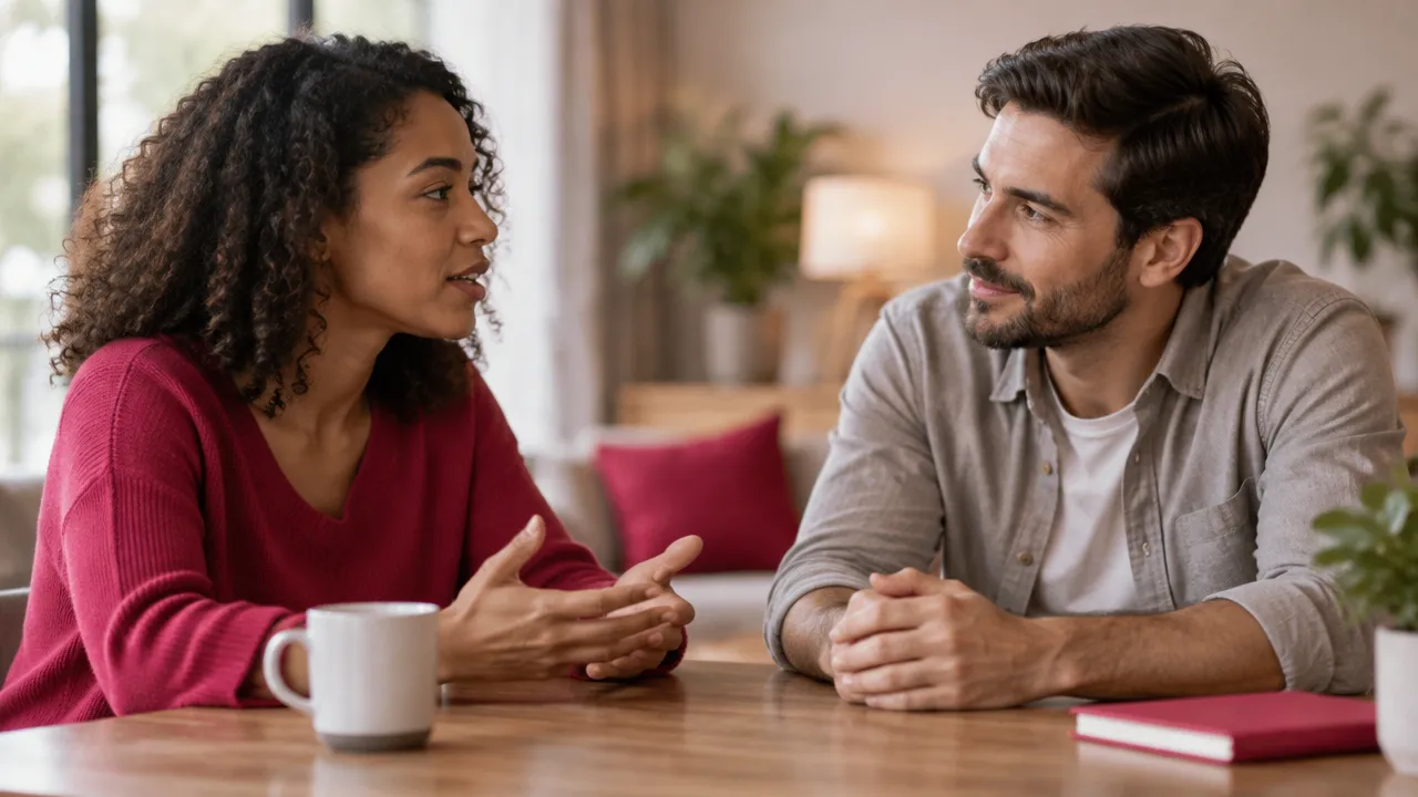 Uma pessoa escuta com atenção enquanto duas pessoas retomam uma conversa respeitosa após um conflito