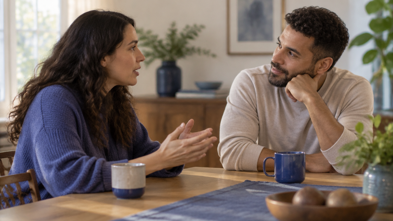 Uma pessoa escuta com atenção enquanto outra compartilha algo pessoal durante uma conversa tranquila.