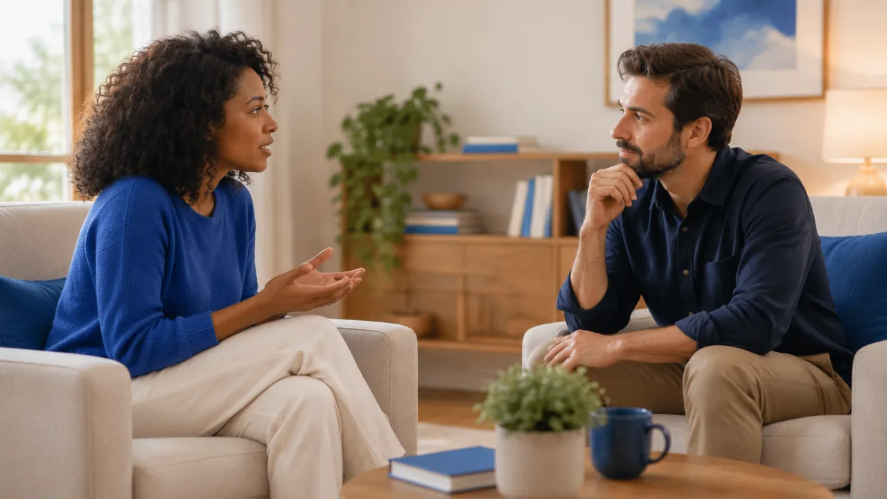 Uma pessoa faz uma pausa e escuta com atenção antes de responder durante uma conversa.
