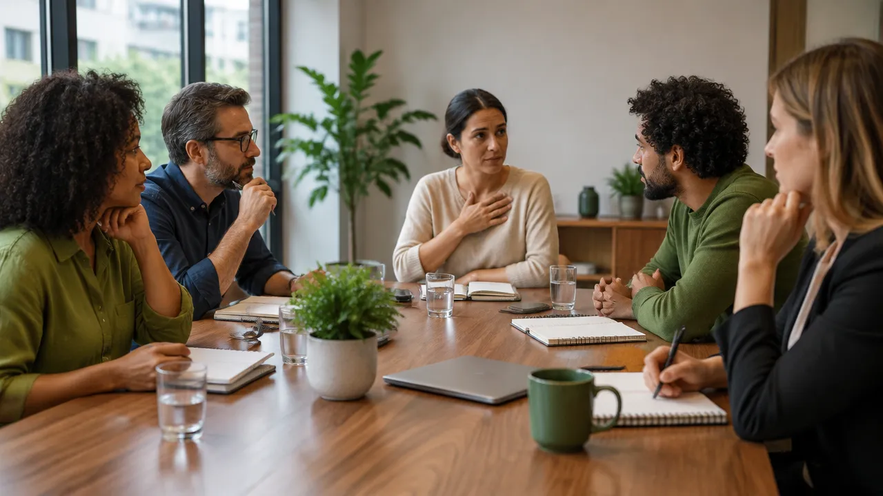 Uma pessoa hesita em discordar enquanto o grupo faz uma pausa para escutar