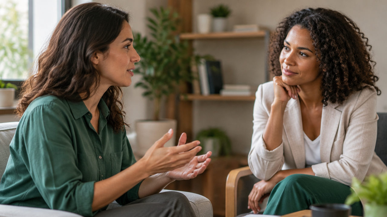 Uma profissional pratica escuta ativa, mantendo atenção e postura receptiva durante uma conversa.