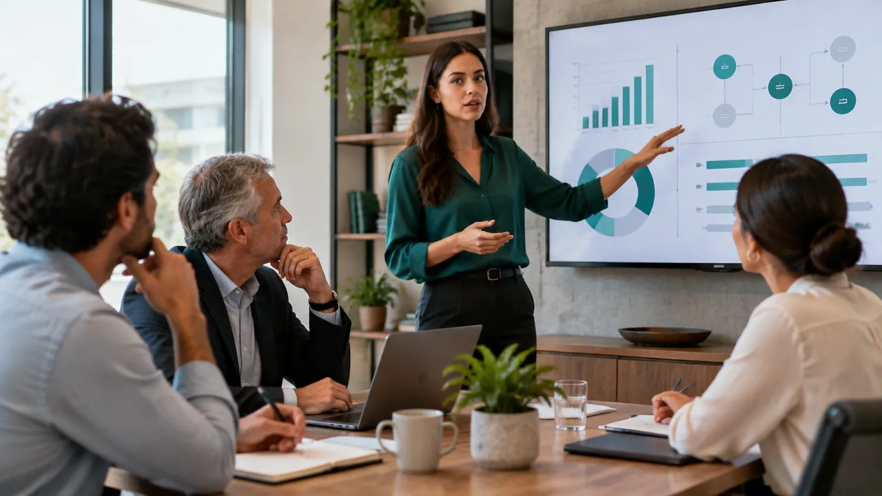 Uma sucessora apresenta seu plano de trabalho a um líder experiente e colegas durante uma avaliação profissional.