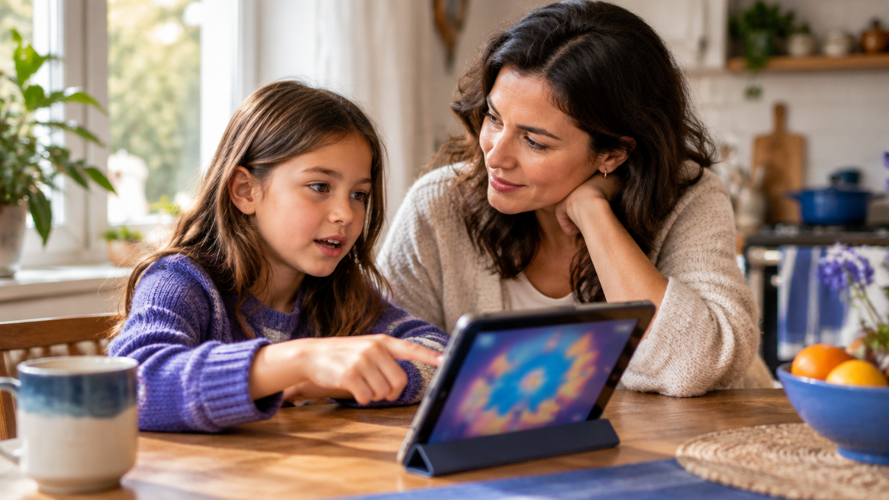 Un adulto escucha a una niña mientras conversan sobre el contenido de una tableta