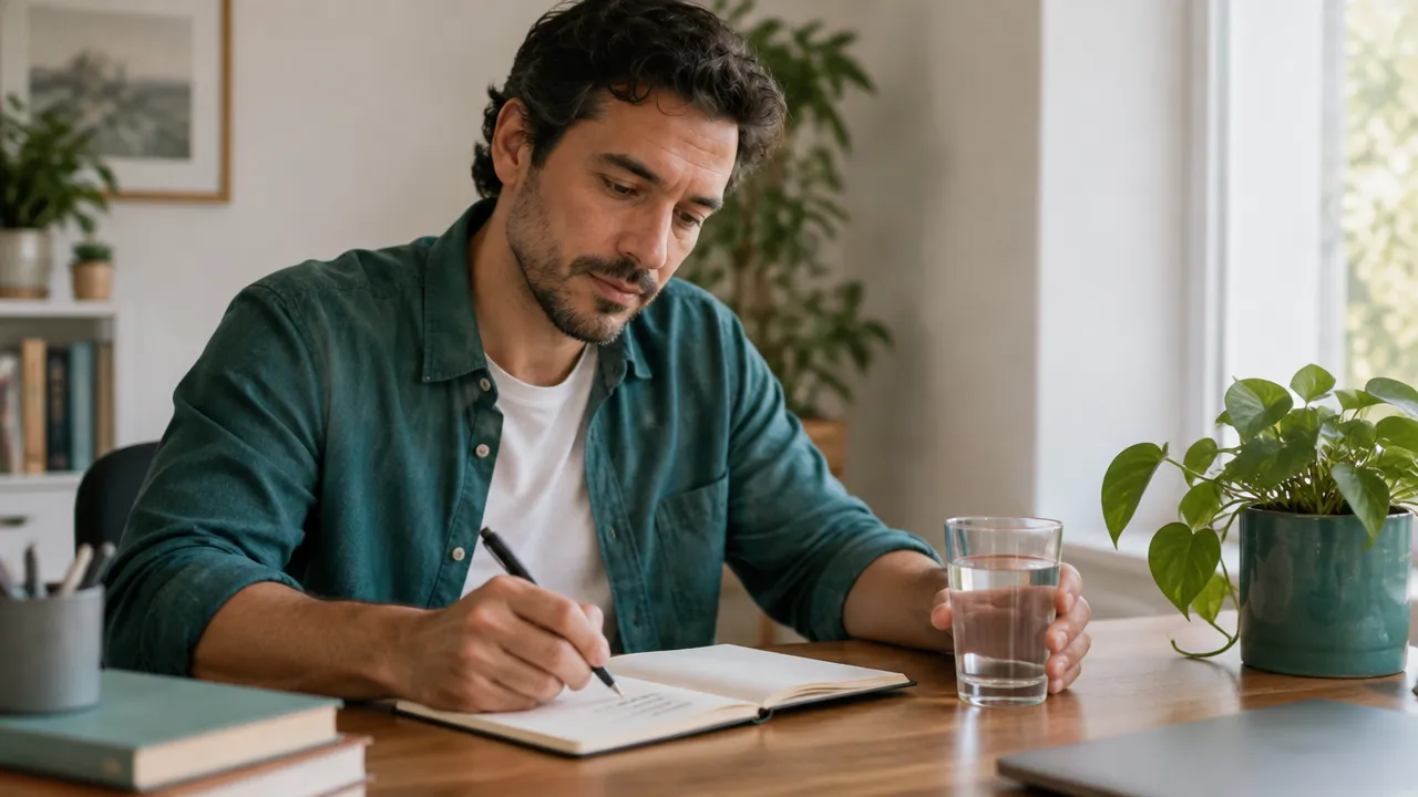 Un hombre dedica unos minutos a escribir y observar sus emociones en un cuaderno.