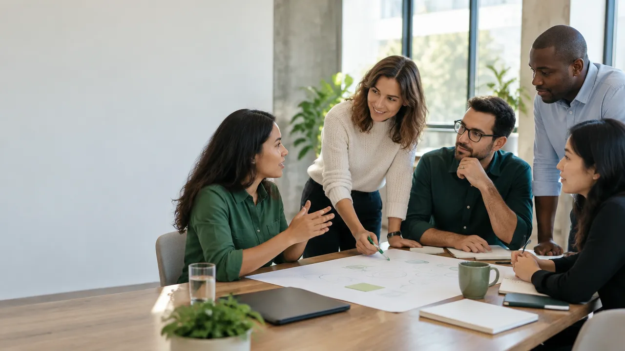Un líder escucha a su equipo mientras colaboran en un plan de cambio compartido