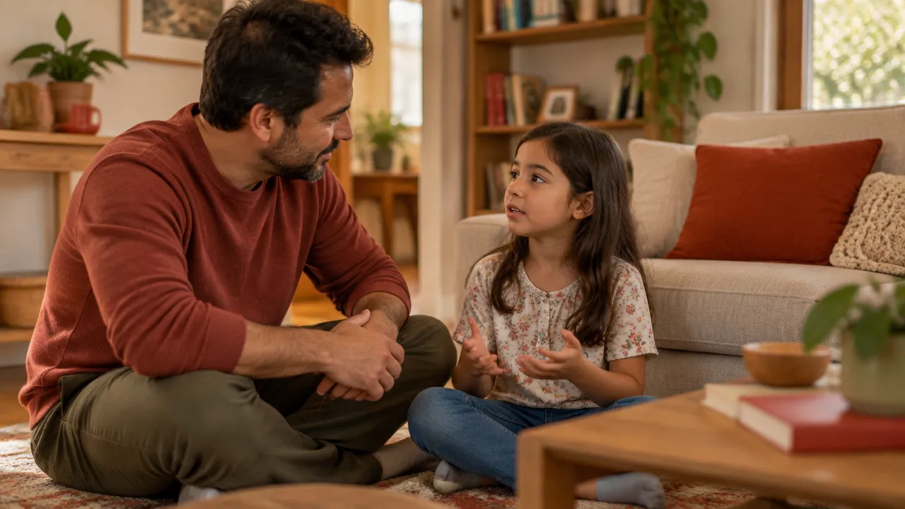 Un padre conversa a la altura de su hija y repara con calma un conflicto cotidiano