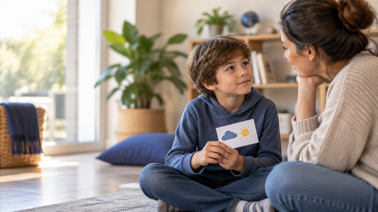Una adulta escucha con calma a un niño mientras ambos hablan sobre sus emociones en casa