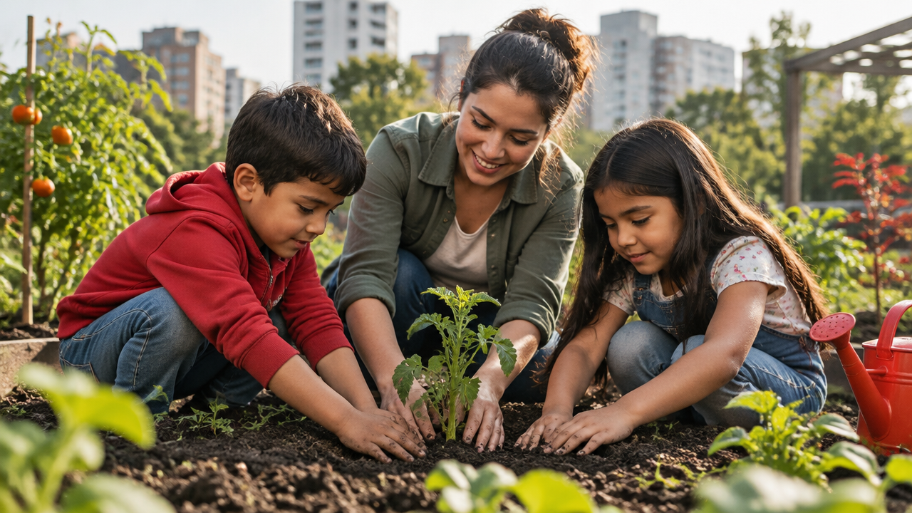 Una adulta y dos niños plantan juntos en un huerto comunitario como ejercicio de educación ambiental y cuidado compartido