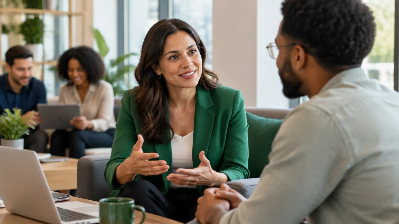 Una conversación de mentoría muestra cómo una persona líder escucha y acompaña el desarrollo individual de su equipo.